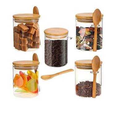 Imagem de Pote Hermético de Vidro com Tampa de Bambu e Colher acoplada de Bambu - 650ml (2, Vidro Transparente, 650ml)