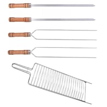 Imagem de Kit Churrasco Grelha Dupla,4 Espetos Cabo Madeira 65cm Para Peixes Carnes Frangos Linguiça Churrasco