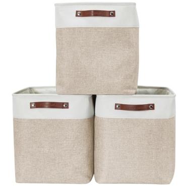 Imagem de DECOMOMO Cestos De Armazenamento, Caixas De Armazenamento Grandes 54,5L Cestos De Tecido Para Organizar Roupas, Brinquedos De Berçário, Pano, Linho, Organizadores De Armário Com Alças(Bege E Branco, X