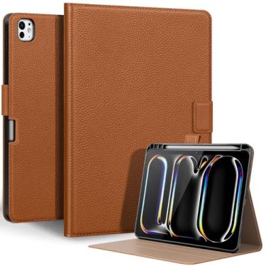Imagem de Thryxop Capa de couro genuíno para iPad Pro 11 polegadas (M5) 2025 / (M4) 2024 | com suporte para lápis e suporte ajustável, fecho magnético, capa automática para despertar/hibernar | marrom