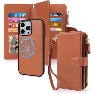 Imagem de CMIDUS Capa magnética para iPhone 15 Pro, carteira compatível com suporte para cartão Magsafe com bloqueio de RFID, capa de telefone destacável, alça de pressão, bolso com zíper, couro PU de 6,1
