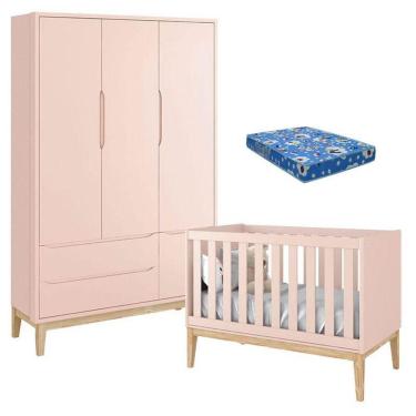 Imagem de Berço Americano Com Colchão E Guarda Roupa Classic 3 Portas Rosa Pés Madeira Natural - Reller