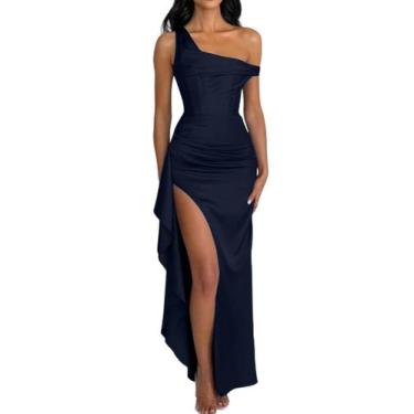 Imagem de Vestido de baile longo Alphirkut Mermaid Satin azul marinho feminino