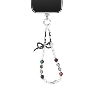 Imagem de Pulseira de telefone Blue Star Pearl, elegante pulseira de telefone com contas de cristal com clipe de metal seguro e laço | Cordão antiqueda para celulares, compatível com todos os modelos de iPhone