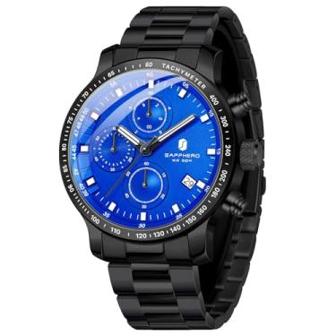 Imagem de SAPPHERO Relógios de pulso masculinos – Relógios cronógrafos para homens, aço inoxidável de luxo, relógio de quartzo à prova d'água para negócios, casual e esportes, presente elegante para ele, Preto