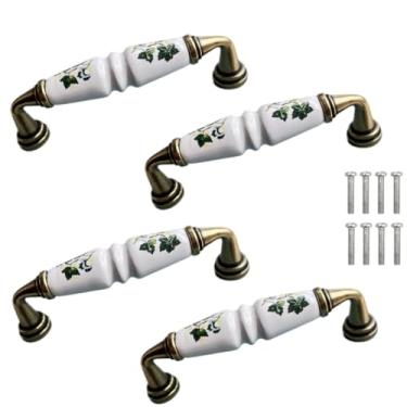 Imagem de Puxador de cerâmica vintage, pintado à mão folha verde porcelana branca cabo de cerâmica chinesa bronze antigo ferragens de liga de zinco 9,8 cm distância 4 peças (flor de folha verde)