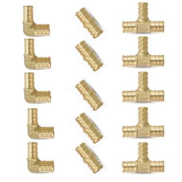 Imagem de GUOFIS Combo de encaixe PEX de 3/10.2 cm (15 peças): cotovelo de 90 graus (5) + T (5) + acoplamento reto (5), encaixe de crimpagem de latão Pex para conexão de tubo PEX, ASTM F1807