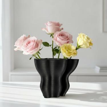 Imagem de Vaso de cerâmica preto contemporâneo, detalhe escultural abstrato irregular para decoração de casa, peça central artística moderna para mesa de centro ou estante de livros