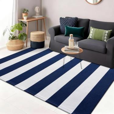Imagem de OLANLY Tapete listrado azul marinho e branco 9,5 cm x 1,5 m – Capacho de algodão lavável para porta da frente, entrada, cozinha, varanda, decoração de pátio