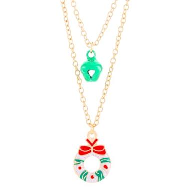 Imagem de QLUYCKW Colar de sino de Natal elegante vermelho verde Jingle Bell Rena Papai Noel, luvas de árvore de Papai Noel, guirlandas, colar com pingente de ouro, corrente X-Mas, joia de Natal para mulheres,
