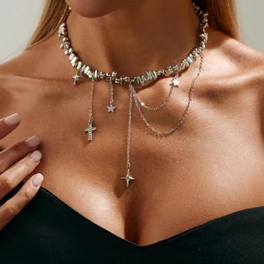 Imagem de Colar gargantilha com cruz boho estrela de cristal colar grosso para mulheres, presentes de amizade para mulheres, presentes de Natal, Dia dos Namorados, Medium, Latão, Sem Pedra Preciosa