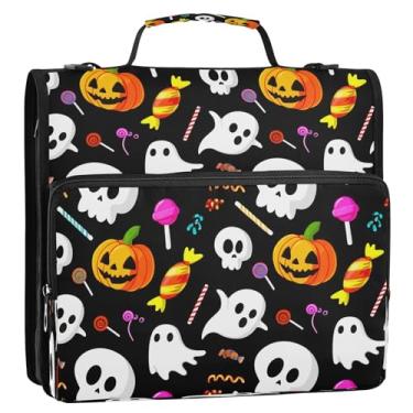 Imagem de Wassud Fichário com zíper de caveiras de desenho animado de Halloween, 3 anéis com alça de ombro e alça de vários bolsos, organizador de pastas de arquivos expansíveis