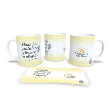 Imagem de Caneca de Cerâmica com Frases Motivacionais, Amanhecer com Deus, Amarelo e Branco, Design Pontilhado (20825)