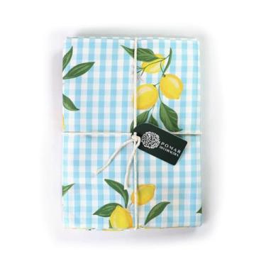 Imagem de Toalha de Mesa Dolce Limone - Xadrez Vichy Azul Claro com Limão Siciliano (Retangular 8 lugares (250cm x 140cm))