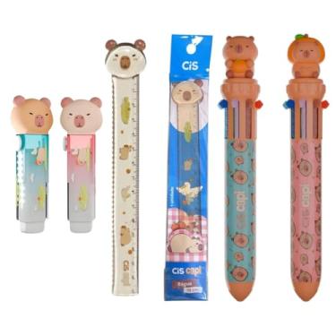 Imagem de Kit Escolar Capivara Borracha Retrátil Regua e Caneta 4 em 1 Fofo Conjunto Animais Colorido Aluno