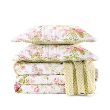Imagem de Waverly Emma's Garden Conjunto de colcha de 4 peças – Casal/Queen - Estampa floral em flor - 100% algodão com borda recortada e saia para cama listrada