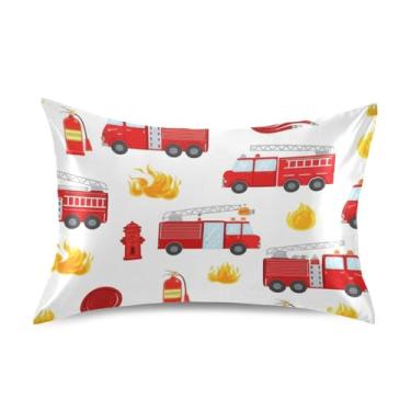 Imagem de Fronhas de cetim floral refrescante colorido king queen padrão fronhas decoração de travesseiro tamanho queen 76.2 cm x 50.8 cm bonito vermelho caminhões de bombeiros