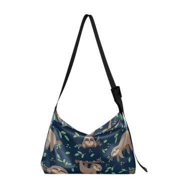 Imagem de Cute Sloth Kawaii Bolsa Hobo de Couro Animal para Mulheres Grande Masculina Bolsa de Couro Estampa de Folha Moderna Bolsa Designer de Ombro, Preguiça tropical folha preta