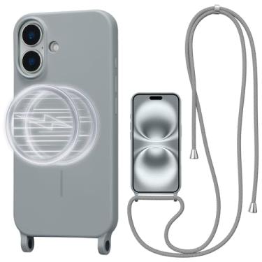 Imagem de UCASONG Capa transversal magnética para iPhone 16 Plus de 6,7 polegadas, capa de silicone líquido com alça ajustável no pescoço, [compatível com MagSafe] Capa protetora de telefone à prova de choque