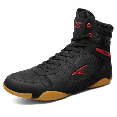 Imagem de ASHION Tênis masculino de luta livre, leve, cano alto, fitness, halterofilismo, sola zero drop, Preto/vermelho, 41