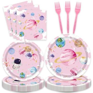 Imagem de 96 peças de decorações de festa de aniversário com tema de espaço para chá de bebê, rosa, espaço sideral - Galaxy Planet Pratos de mesa e guardanapos garfos para 24 convidados, artigos de aniversário