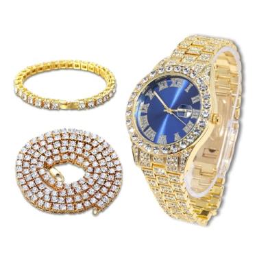 Imagem de richhut Relógio de diamante masculino masculino - mostrador azul - pulseira de 18 mm de largura banhado a ouro real 18 k ouro branco banhado a platina, com conjunto de corrente de tênis opcional