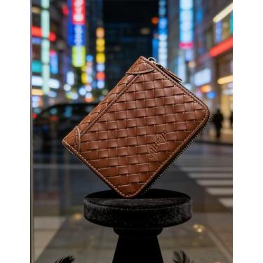 Imagem de Carteira masculina de couro curta com estampa de tecido com zíper, carteira trançada moderna com zíper (cinza-acinzentado)