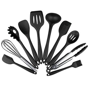 Imagem de 10PCS Conjunto de Utensílios Cozinha Silicone Cabo Aço Inoxidável Panelas Antiaderentes Gadgets Resistente ao Calor Fácil Limpar com Suporte para Pend