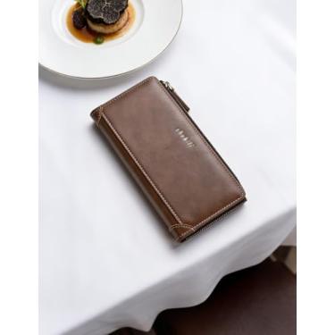 Imagem de Carteira masculina de couro, bolsa de mão com zíper lateral com vários compartimentos para cartão e grande capacidade, organizador casual com bloqueio de RFID para armazenamento seguro (Cáqui profundo