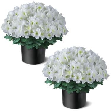 Imagem de YXZZWL Conjunto de 2 árvores de topiaria de flor de azaléia artificial – plantas em vasos de flores de seda falsa, arbustos de azaléia artificiais resistentes ao sol para porta da frente, jardim