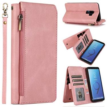 Imagem de LBYZCASE Capa carteira para Galaxy S9 Plus, capa protetora durável de couro flip premium [suporte] [alça de pulso] [bolso com zíper] [suporte de crédito] para Samsung Galaxy S9 Plus (rosa)
