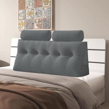 Imagem de Almofada triangular de veludo para cabeceira de cabeça, capa removível, cama de beliche, suporte de posicionamento do encosto, descanso de leitura relaxante (cinza com travesseiro de rolo, Queen (150