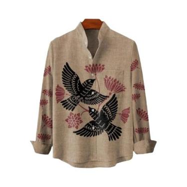 Imagem de Camisa De Linho Masculina Com Estampa Retrô De Gatinho Manga Longa Pri