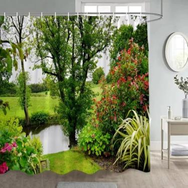 Imagem de Forest Park Cortinas de chuveiro paisagem tropical planta verde palmeira jardim flores cenário poliéster cortina de banheiro decoração 165 x 239 cm/LxA cortina de chuveiro lavável