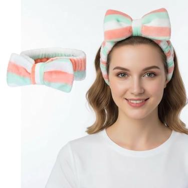 Imagem de Bandanas femininas de pelúcia com laço, faixas de cabelo felpudas aconchegantes para lavar o rosto, cuidados com a pele e maquiagem