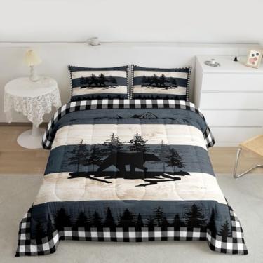 Imagem de Feelyou Conjunto de edredom queen com estampa de fazenda rústica, tamanho queen, cabana e urso, para crianças, meninos, meninas, floresta rústica, preto, branco, xadrez, decoração de quarto de