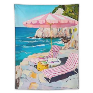 Imagem de Tapeçaria rosa para guarda-sol e cadeiras, penhasco costeiro, vista para o oceano, pintura a óleo, vibrante, decoração de parede, tema de praia, decoração de casa para quarto, sala de estar, ambiente