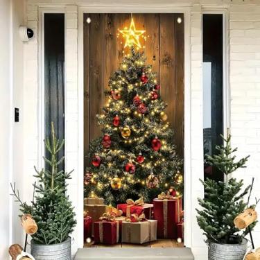 Imagem de Saoplasa Capa de porta de Natal, faixa de árvore de Natal 188 x 89 cm, árvore iluminada com estrela e presentes pano de fundo para pendurar na parede, decoração de férias para festa de Natal, inverno