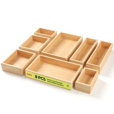 Imagem de lilLittle Organizador de gaveta de bambu, conjunto organizador de gaveta de cozinha com 8 peças, organizador de utensílios multiuso, organizador de talheres para cozinha, banheiro, escritório, gavetas