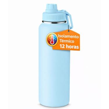 Imagem de Garrafa Térmica de Água 1 Litro Inox, Isolamento a Vácuo, Alça e Tampa Antivazamento (Azul Claro)