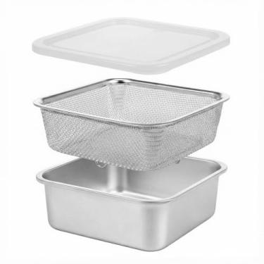 Imagem de Conjunto de tigelas de lavagem de aço inoxidável 2 em 1, escorredor quadrado com tampa e escorredor de PP, lavatório de frutas e vegetais, recipiente de armazenamento para drenar arroz, macarrão