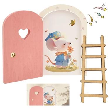Imagem de Adesivo de parede de porta de fada rosa de madeira com escada e mouse fofo moderno removível DIY fantasia fácil para quarto infantil, lareira, vaso de plantas ou decoração de jardim