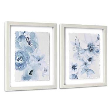 Imagem de ArtbyHannah Decoração de parede de banheiro emoldurada, arte de parede azul claro com design de borda rasgada e imagens florais em aquarela para decoração de casa de quarto (pacote com 2, 20 x 25 cm)