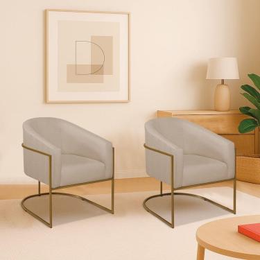 Imagem de Kit 2 Poltronas Decorativa Jade Moderno Escritório Confortável Luxo Base De Ferro Dourado Linho Cor Bege