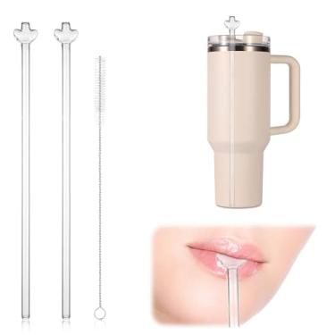 Imagem de 2 canudos em forma de coração sem rugas, canudos de substituição de vidro compatíveis com Stanley 1,134 g copo copo transparente reutilizável anti-rugas canudos para beber com escova de limpeza