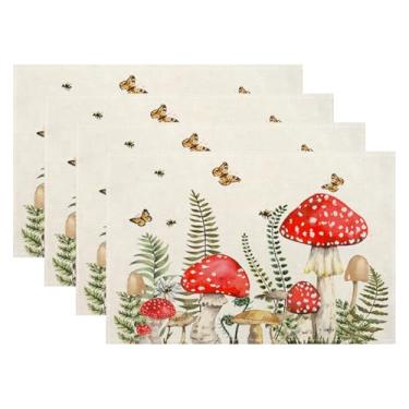 Imagem de Jogo americano de primavera, 30 x 45 cm, conjunto de 4, folhas de cogumelo vermelho verde retangular, decoração botânica sazonal de verão, tapetes de mesa de linho para festa, cozinha de casa