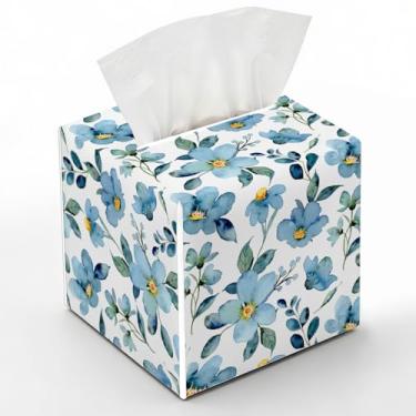Imagem de Capa de caixa de lenços de papel floral azul, suporte de caixa de lenços de flores primavera verão, estojo de papel facial quadrado aquarela, organizador de papel facial em cubo para quarto