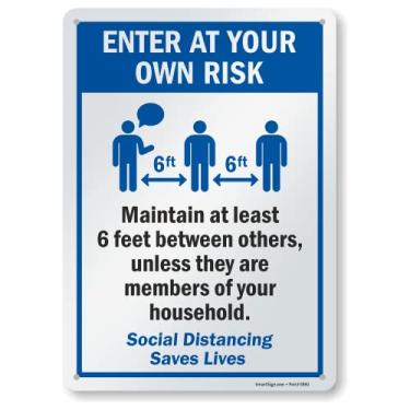 Imagem de SmartSign Placa de metal para piscina "Enter At Your Own Risk - Keep At Your Own Risk - Keep At Least 6 Feet, Social Distancing Saves Lives", alumínio laminado à prova de ferrugem de 40 mm, azul