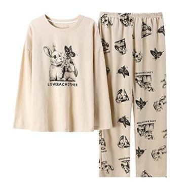 Imagem de HHHJQFAAT Pijamas para mulheres, conjuntos de pijama de manga comprida com desenho animado (bege médio)