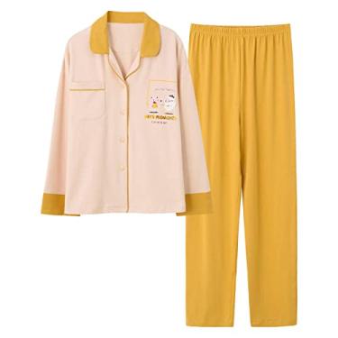 Imagem de 3FLQOOPP Pijama feminino outono conjunto de pijama desenho animado manga longa casual plus size roupa de dormir roupa de dormir roupa de casa (amarelo médio)